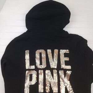 Victoria's Secret PINK Fur-Lined Hoodie Jacket Large Black Holographic Sequins